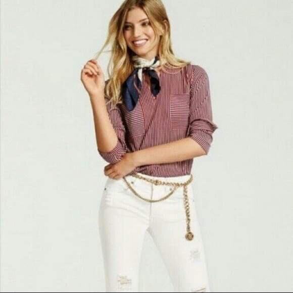 Cabi Franklin Patriot Stripe Red White Split Neck Blouse Button Sleeve Sz Small - Picture 4 of 12